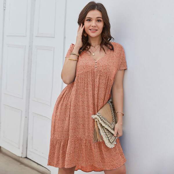 

Plus Ditsy Floral Ruffle Hem Smock Dress, Coral orange