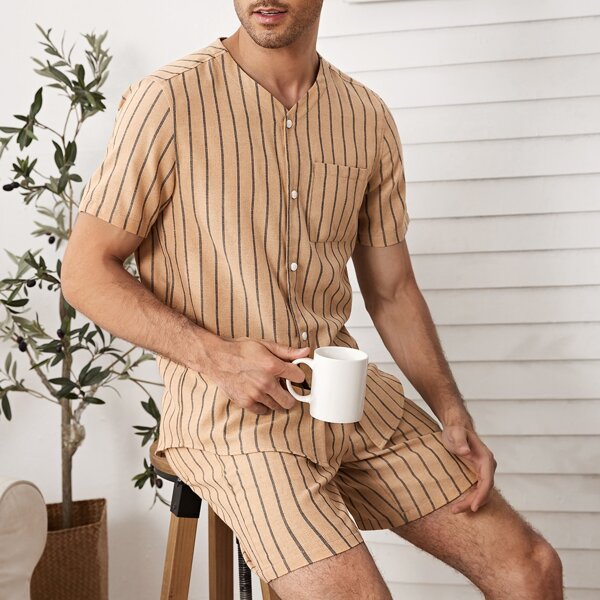 

Men Patch Pocket Striped Shirt & Shorts PJ Set, Apricot