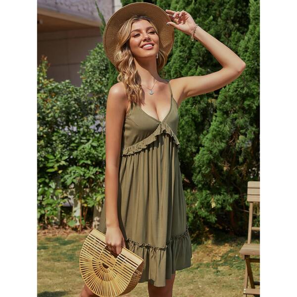 

Solid Ruffle Hem Cami Dress, Army green