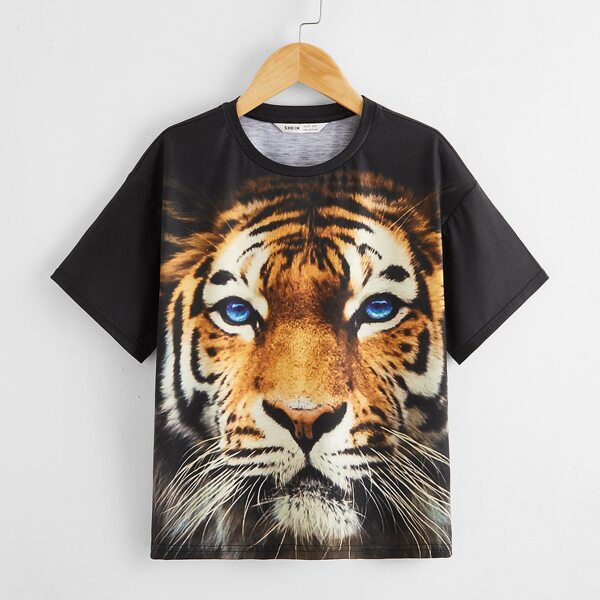 

Boys Tiger Print Drop Shoulder Tee, Black