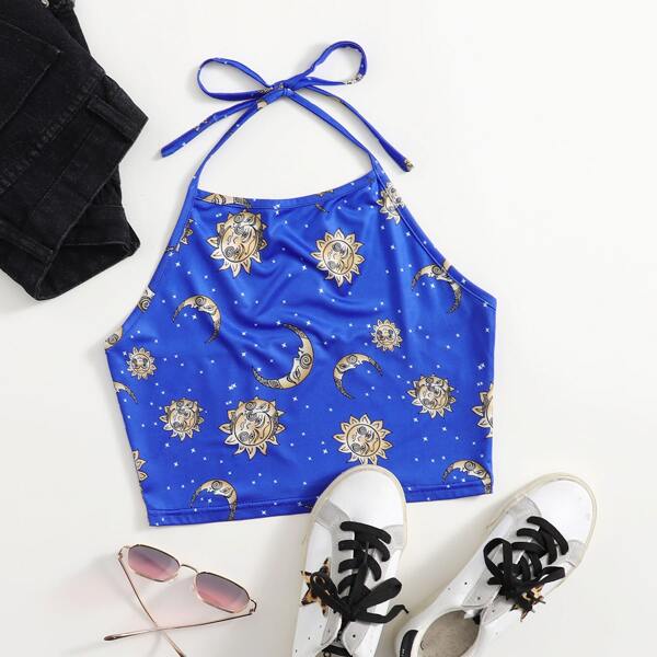 Sun & Moon Print Halter Top, Royal blue