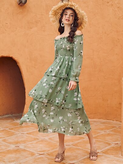 Mulvari Bardot Floral Print Shirred Tiered Hem A-line Dress