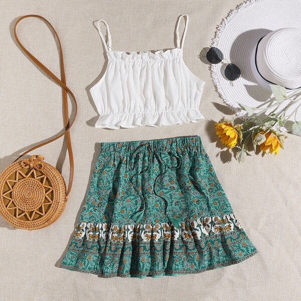 

Ruffle Trim Cami Top & Tassel Tie Waist Floral Skirt Set, Multicolor