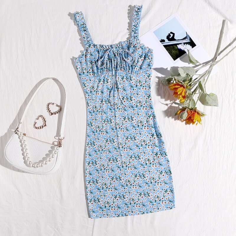 

Frilled Strap Tie Front Daisy Floral Dress, Baby blue