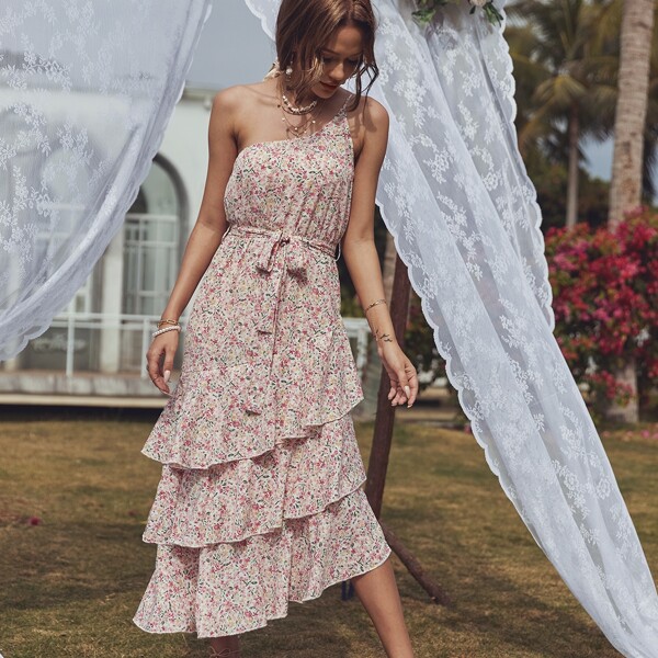 

Ditsy Floral One Shoulder Asymmetrical Layered Belted Dress, Multicolor