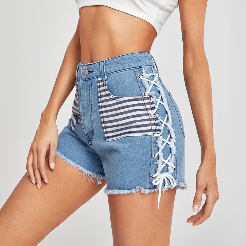 

Lace Up Side Raw Hem Denim Shorts, Medium wash