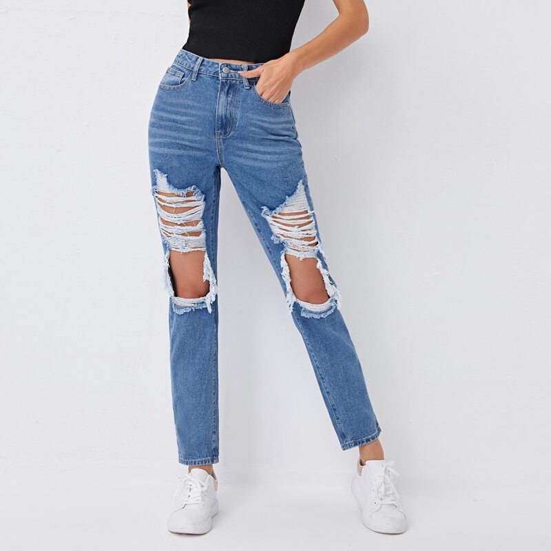 

High Waist Ripped Jeans, Medium wash