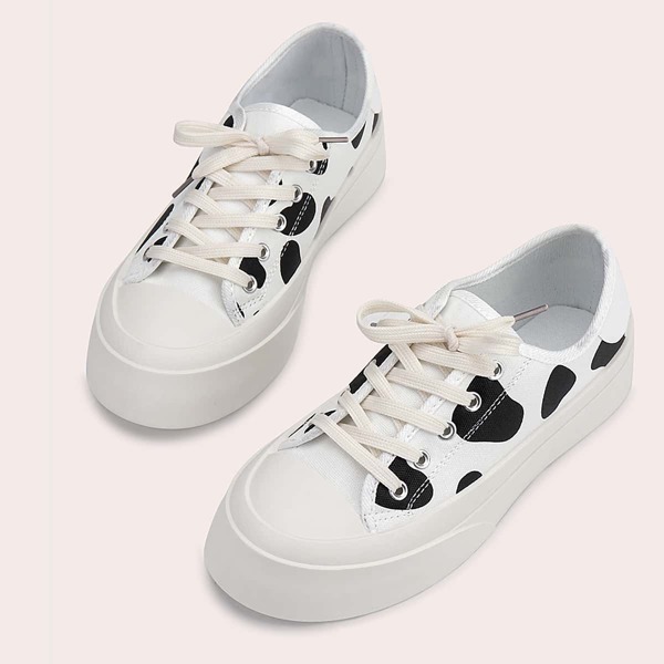

Cow Pattern Lace-up Front Canvas Shoes, White