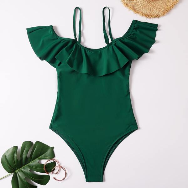

Ruffle Trim One Piece Swimsuit, Dark green