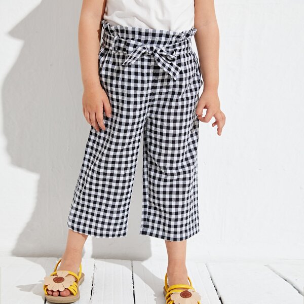 

Toddler Girls Gingham Belted Wide Leg Pants, Black and white