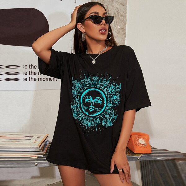 

Abstract Galaxy And Floral Print Boyfriend Tee, Black