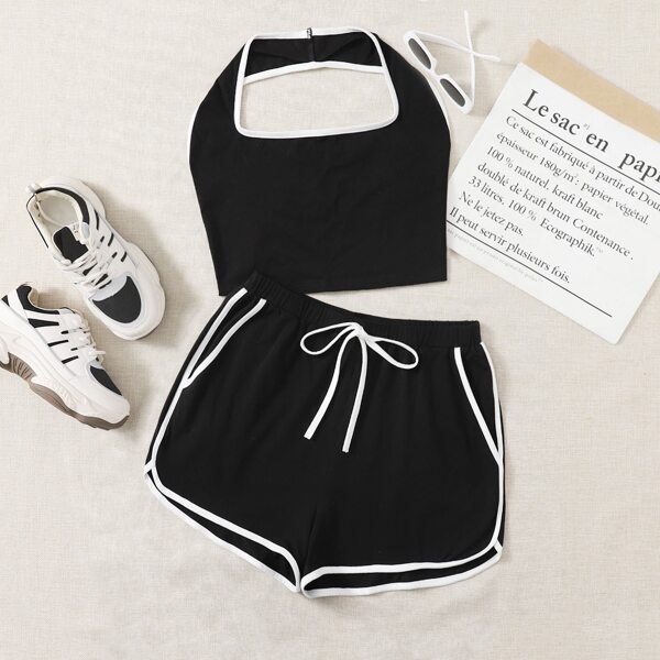 

Plus Contrast Binding Halter Top & Tie Front Track Shorts Set, Black
