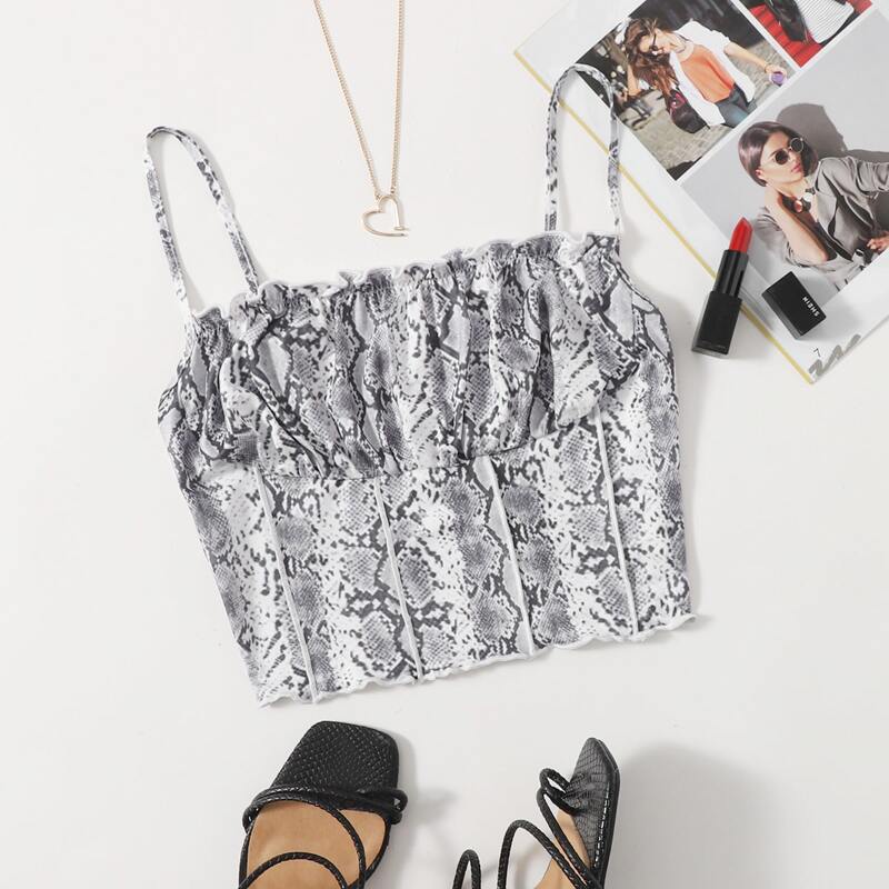 

Snakeskin Print Frill Trim Ruched Bust Crop Cami Top, Multicolor