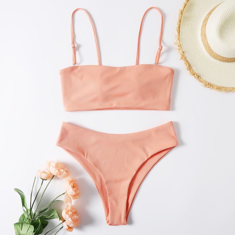 

Ribbed Cami Bikini Swimsuit, Coral pink