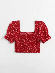 Soleia 滿版心形圖案荷葉邊抽繩前抽褶短版上衣 - 紅色 - 查看 2