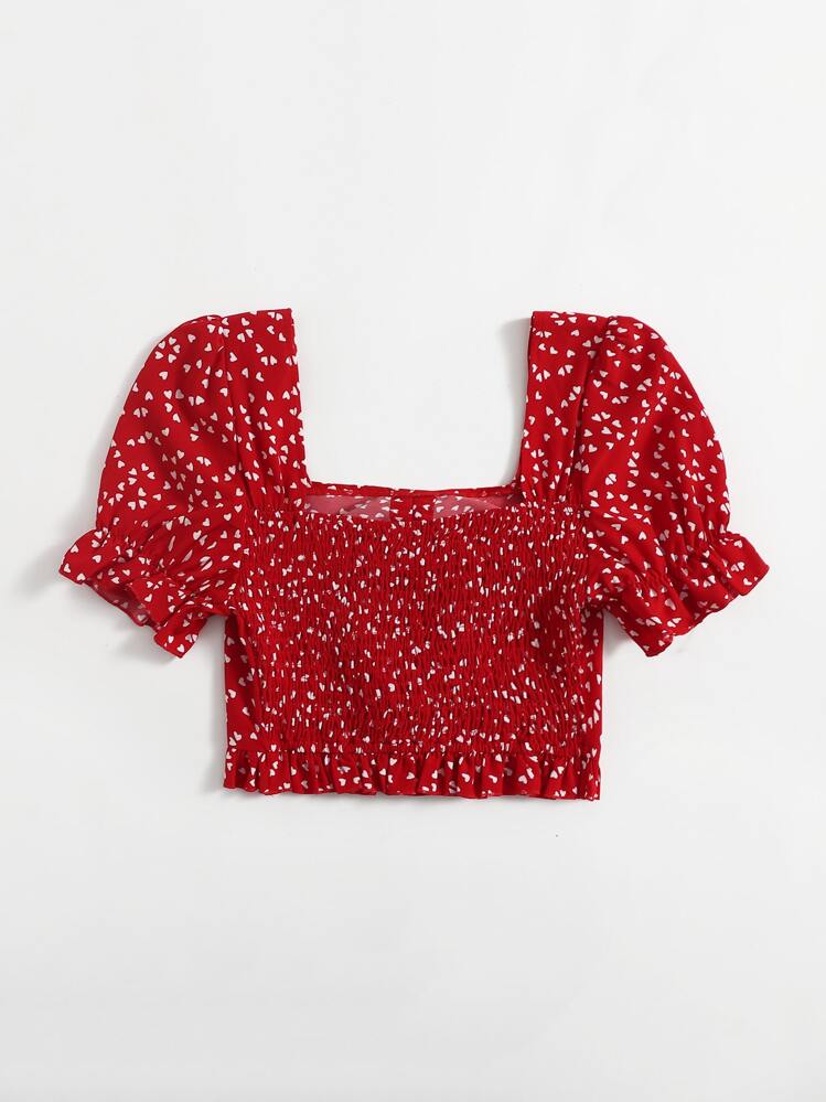Soleia Allover Heart Print Ruffle Trim Drawstring Ruched Front Crop Top - Red - View 2