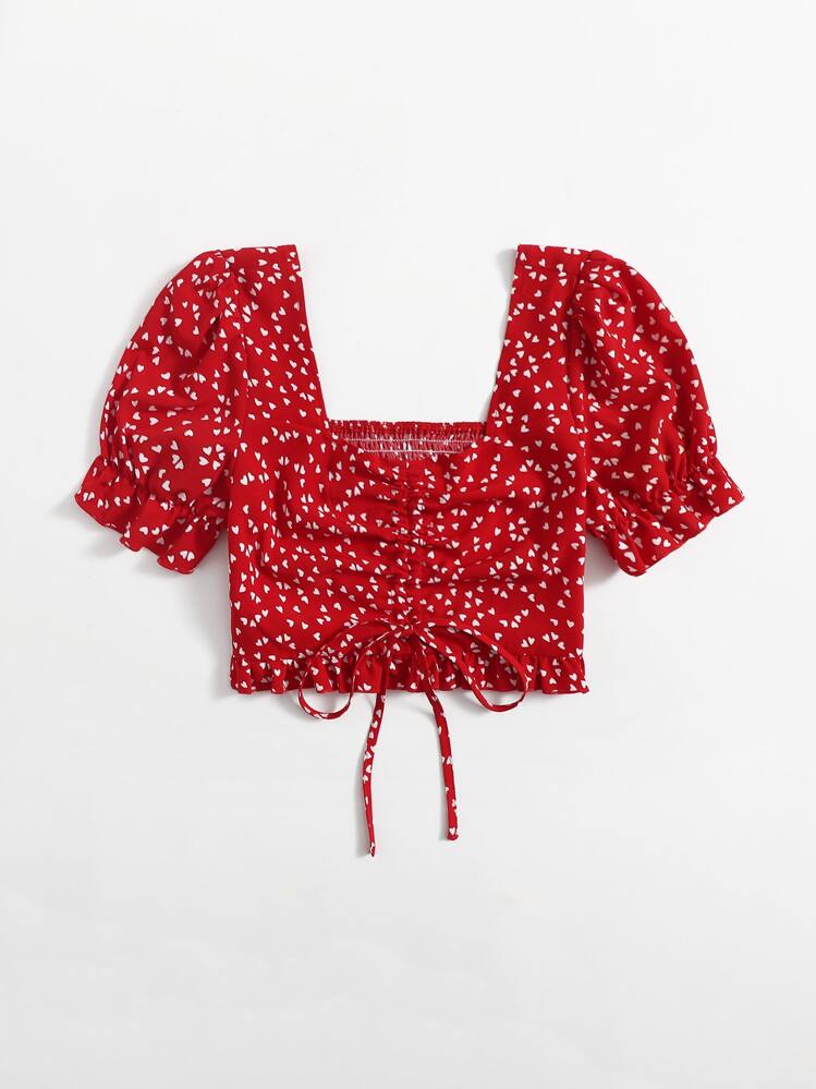 Soleia Allover Heart Print Ruffle Trim Drawstring Ruched Front Crop Top - Red - View 3