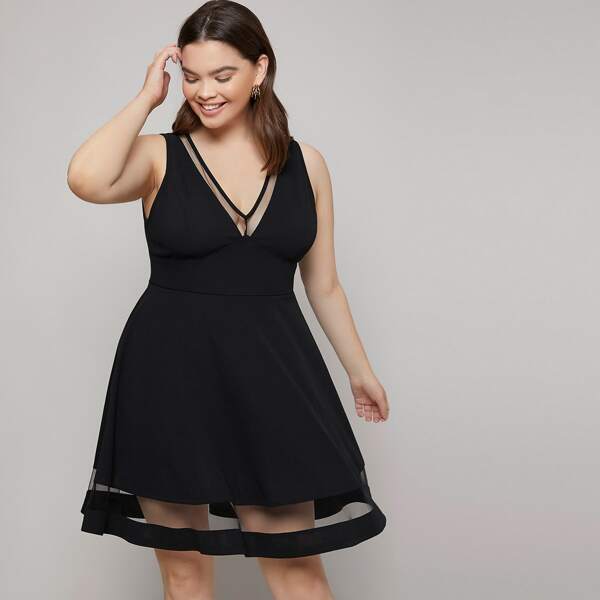 

Plus V-neck Sheer Mesh Insert Dress, Black