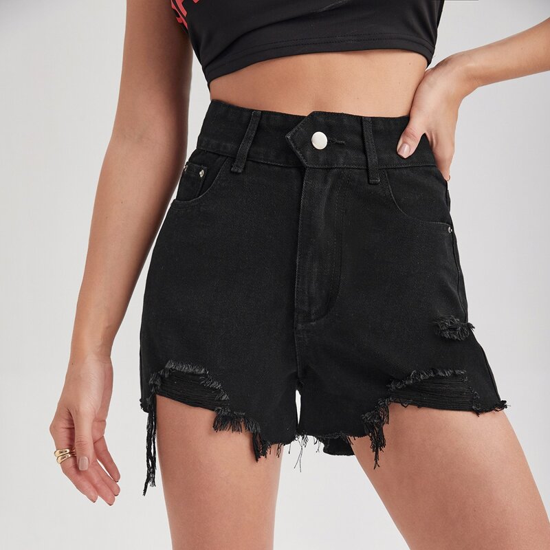 

Solid Raw Hem Denim Shorts, Black