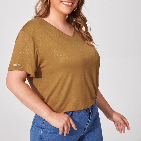 

Plus Letter Embroidered V-Neck Tee, Mustard yellow