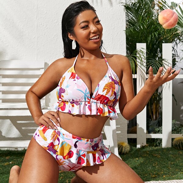 

Plus Geo Print Ruffle Triangle Bikini Swimsuit, Multicolor