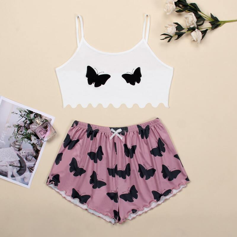 

Butterfly Print Lettuce Trim Cami PJ Set, Multicolor