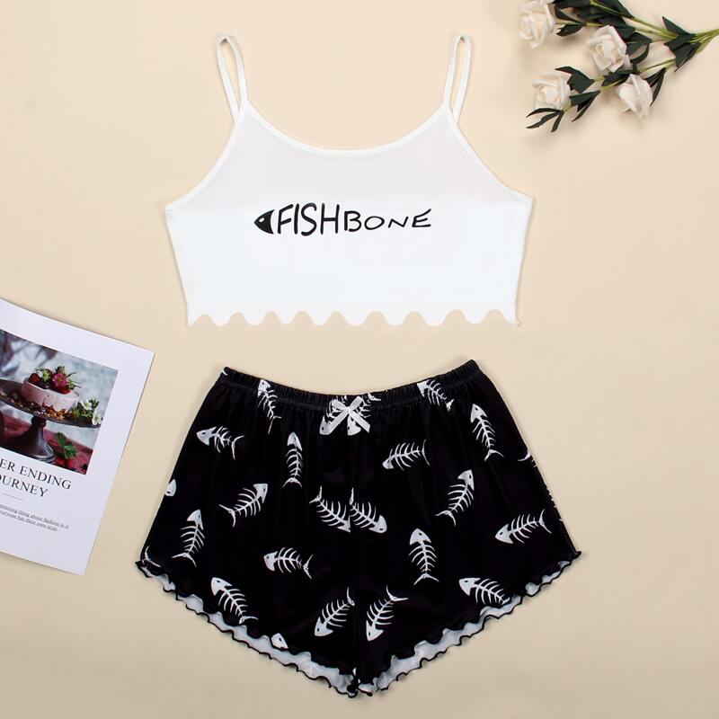 

Cartoon And Letter Graphic Cami Pajama Set, Black and white