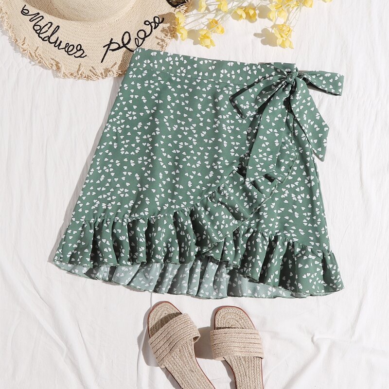 

Wrap Tie Side Heart Print Skirt, Multicolor
