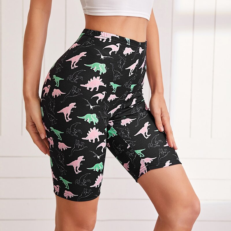 

Allover Dinosaur Print Biker Shorts, Black