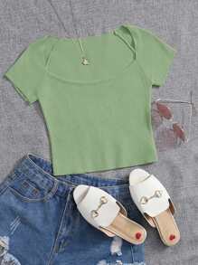 SHEIN Essnce Square Neck Knit Top - Mint Green - View 1