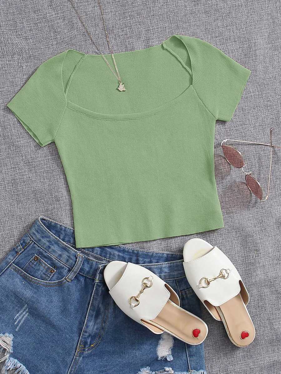 SHEIN Essnce Square Neck Knit Top - Mint Green - View 1