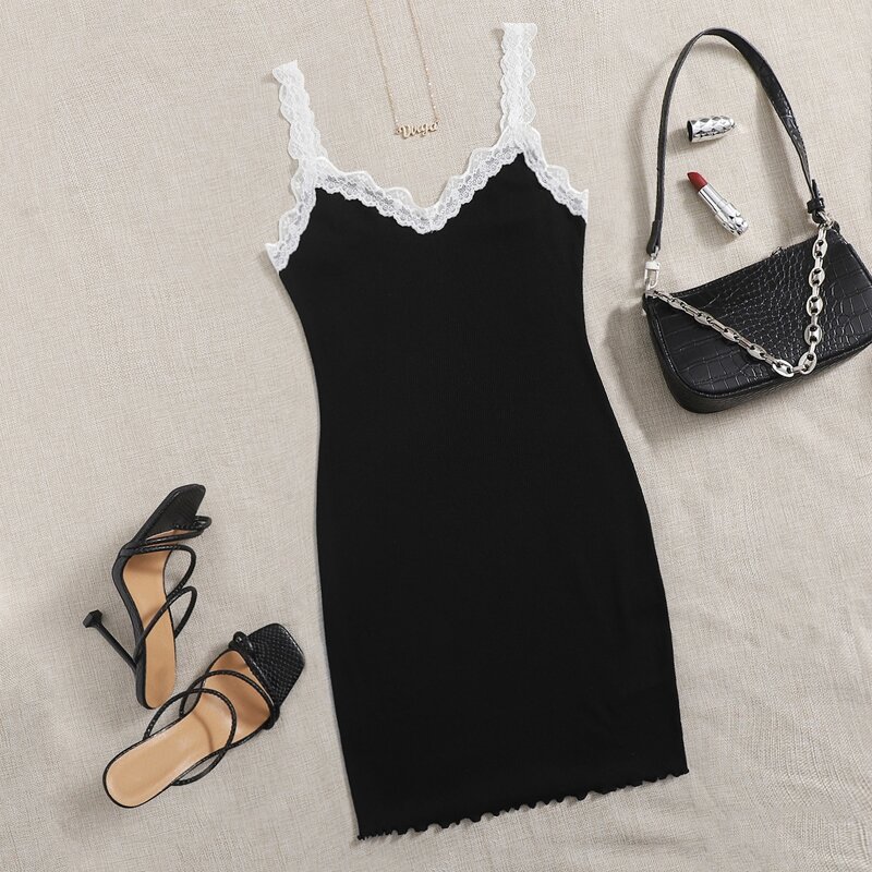 

Contrast Lace Rib-knit Lettuce Trim Bodycon Dress, Black