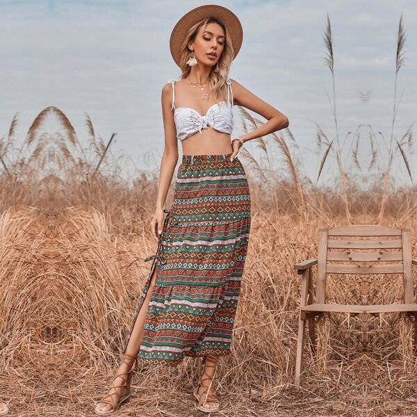 

Knot Side Split Thigh Geo Print Skirt, Multicolor