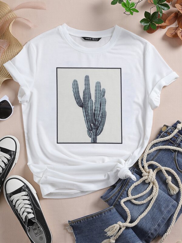 Round Neck Cactus Print Tee