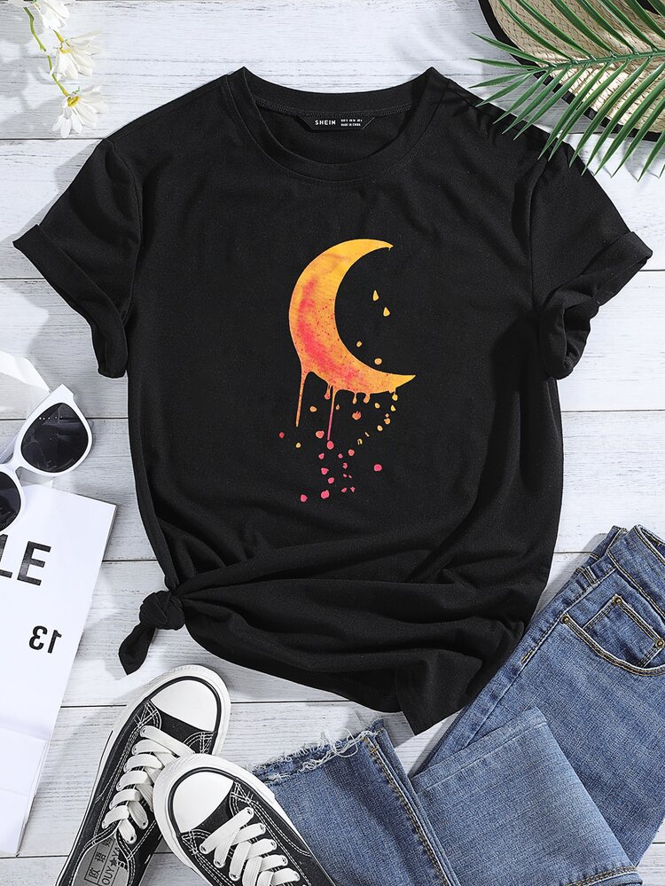 Round Neck Moon Print Tee - Black - View 1