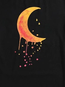 Round Neck Moon Print Tee - Black - View 4