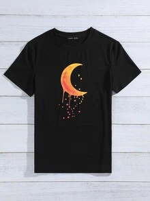 Round Neck Moon Print Tee - Black - View 5