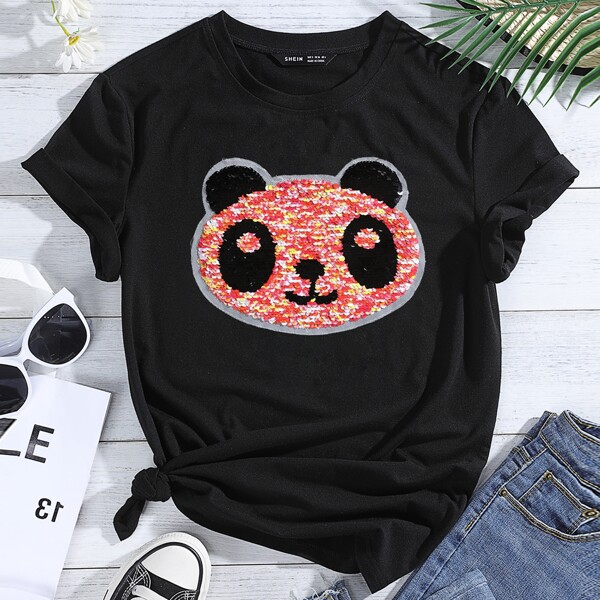 

Panda Sequin Patch Tee, Black