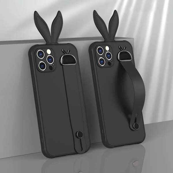 

Rabbit Ear Decor Hand Strap iPhone Case, Black