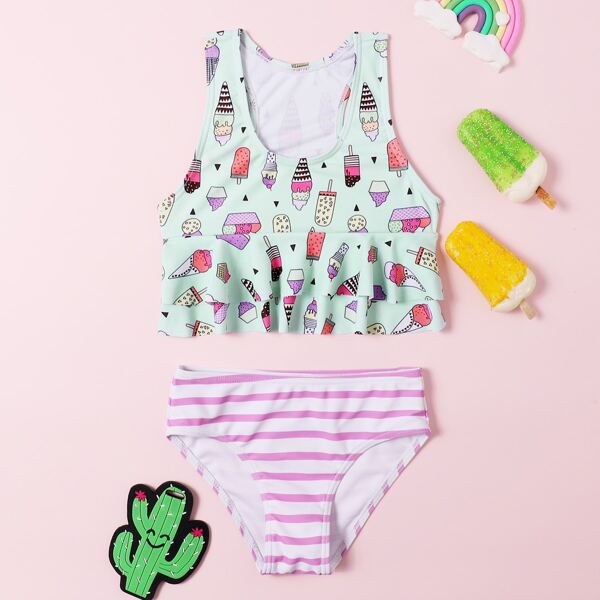 

Toddler Girls Ice Cream Print Ruffle Hem Bikini Swimsuit, Multicolor