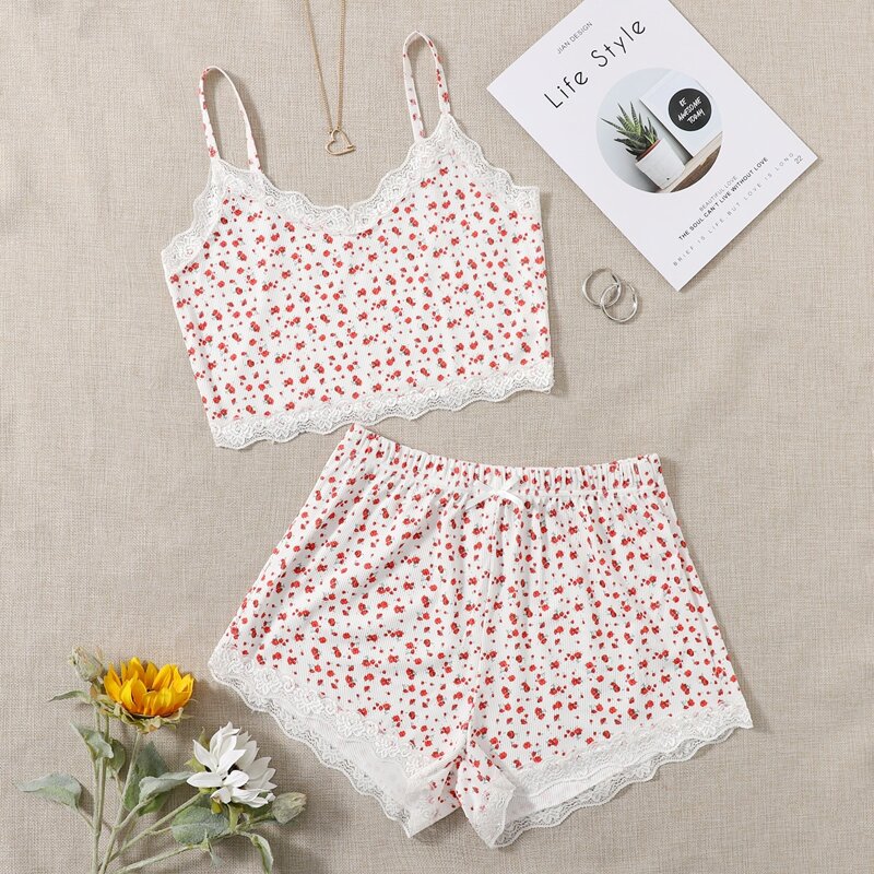 

Ditsy Floral Contrast Lace Pajama Set, Multicolor