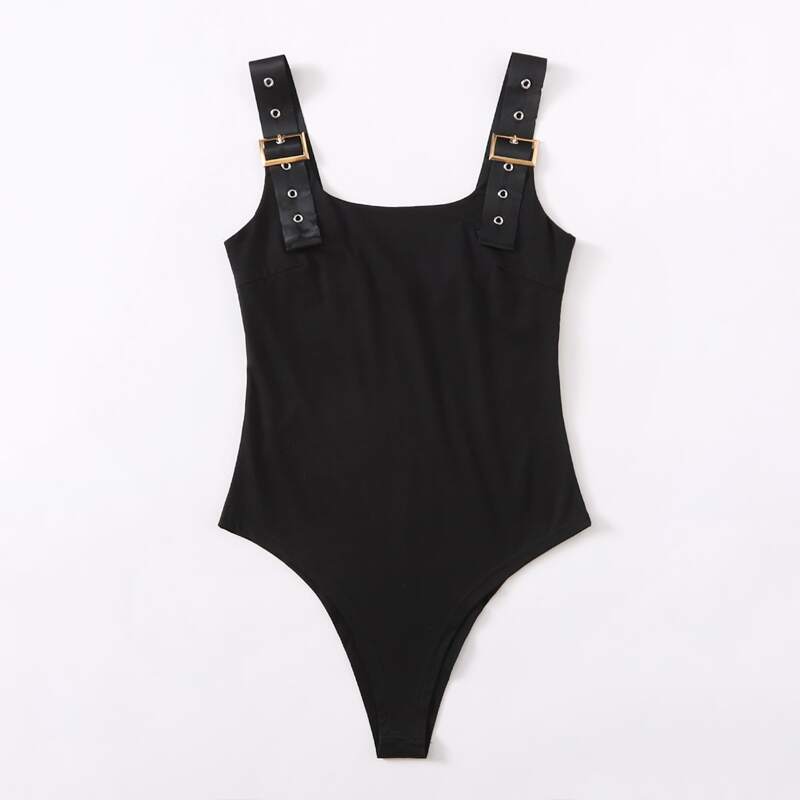 

Grommet Eyelet Strap Solid Bodysuit, Black