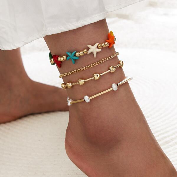 

4pcs Starfish Decor Anklet, Gold