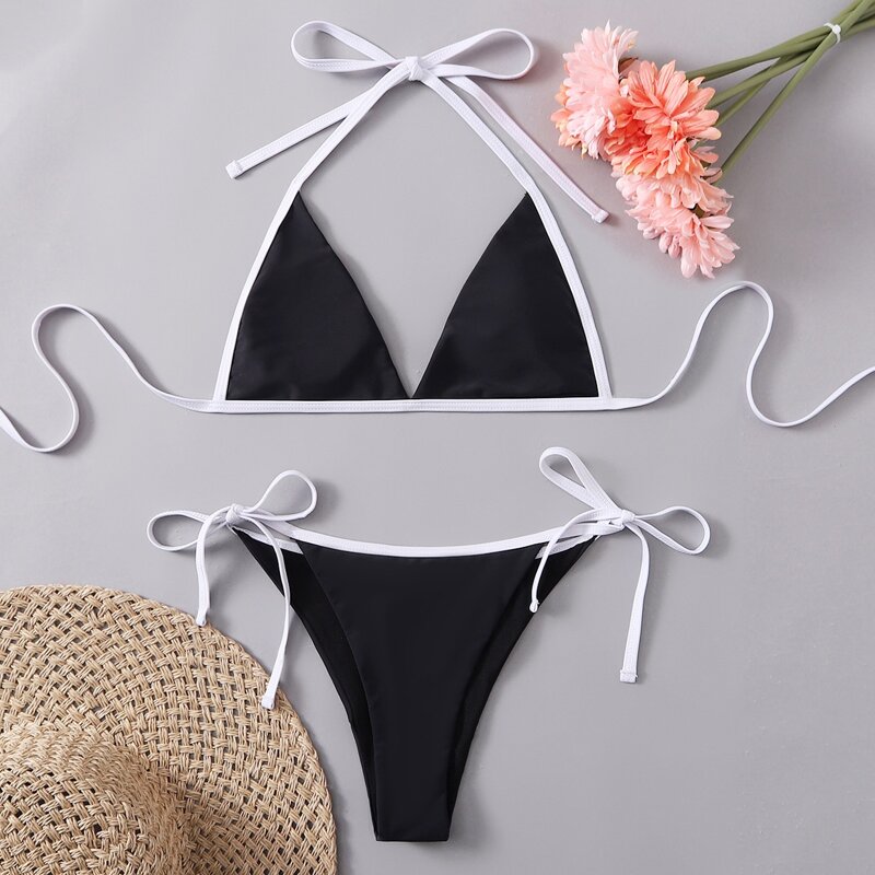 

Contrast Binding Tie Side Bikini Swimsuit, Black
