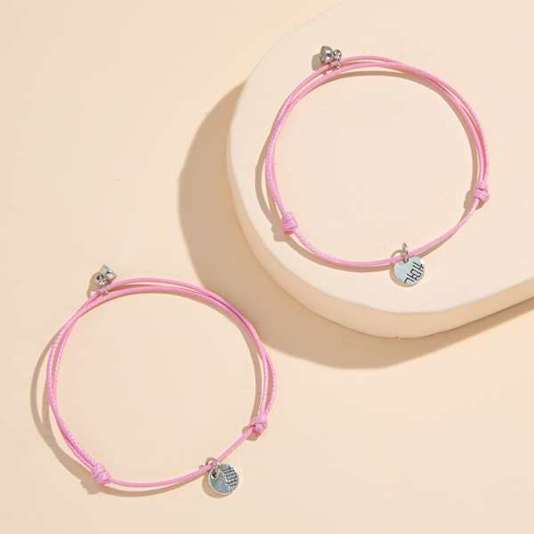 

2pcs Round Charm Bracelet, Pink