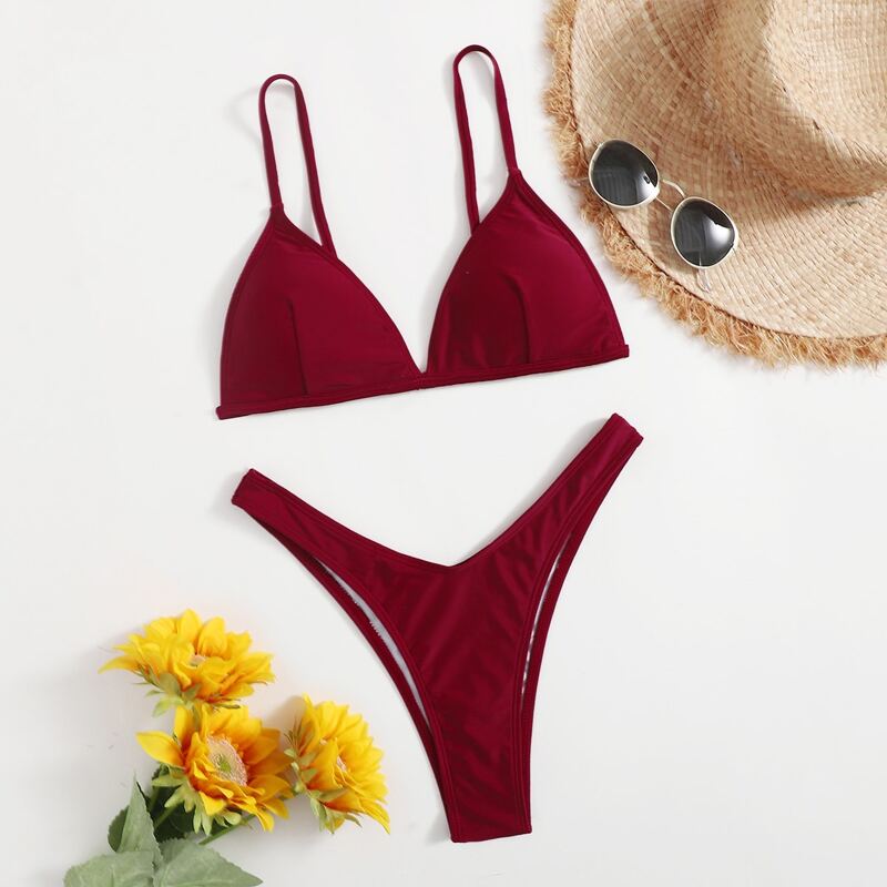 

Solid High Leg Bikini Swimsuit, Burgundy