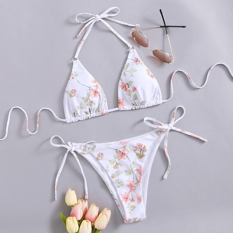 

Floral Halter Tie Side Bikini Swimsuit, White