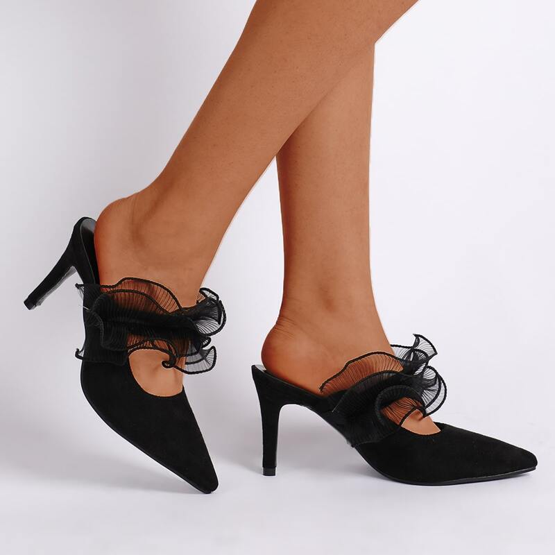 

Ruffle Strap Stiletto Heeled Mules, Black