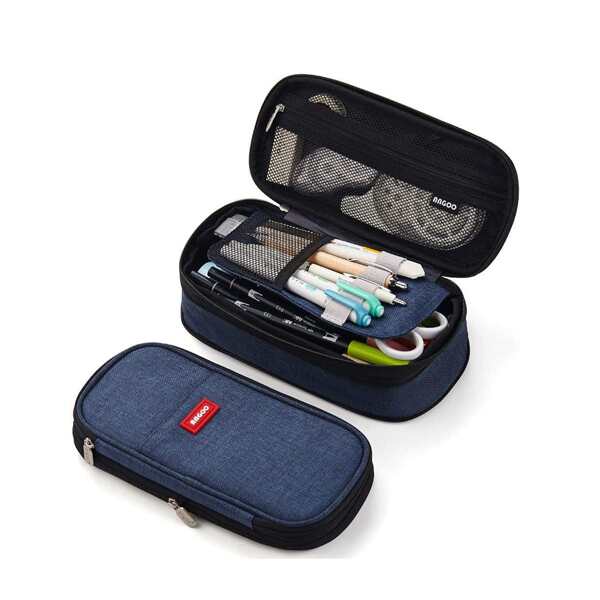 

1pc Double Layer Pencil Bag, Navy blue