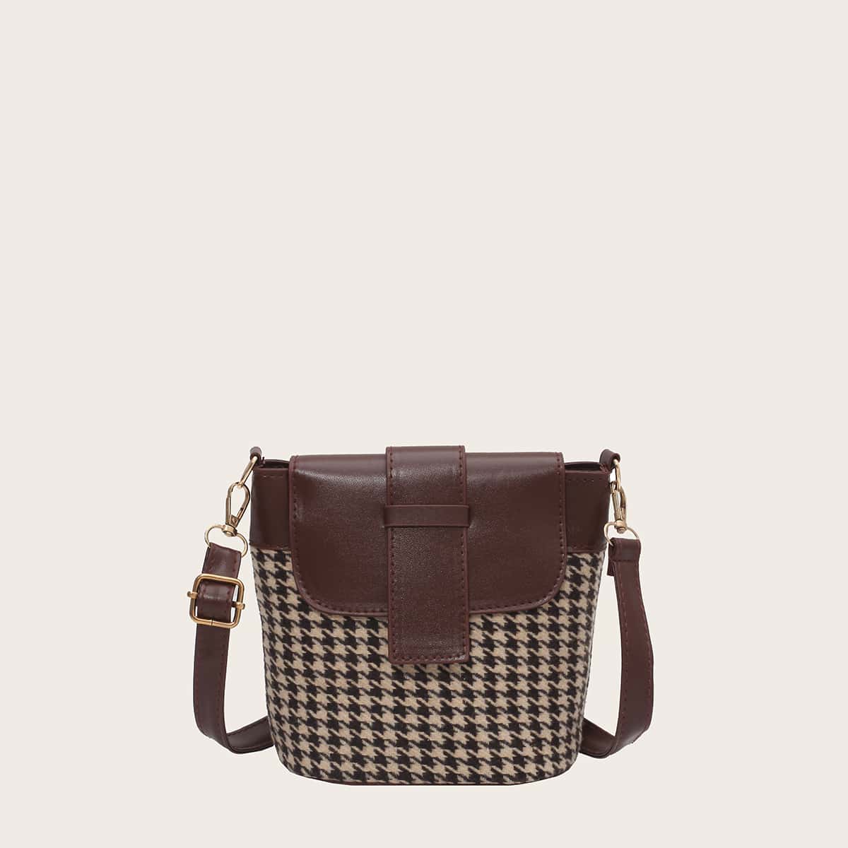 

Houndstooth Bucket Bag, Coffee brown